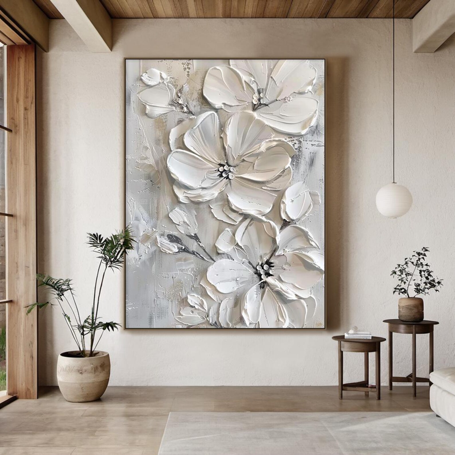 3D White Flower Textured Canvas Painting, Large Floral Wall Art in ...