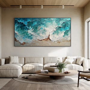 Large green abstract ocean painting, green textured ocean wave wall painting, green abstract art, modern natural living room sofa decoration