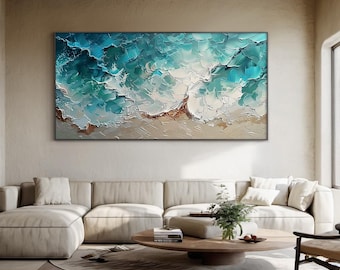 Large green abstract ocean painting, green textured ocean wave wall painting, green abstract art, modern natural living room sofa decoration