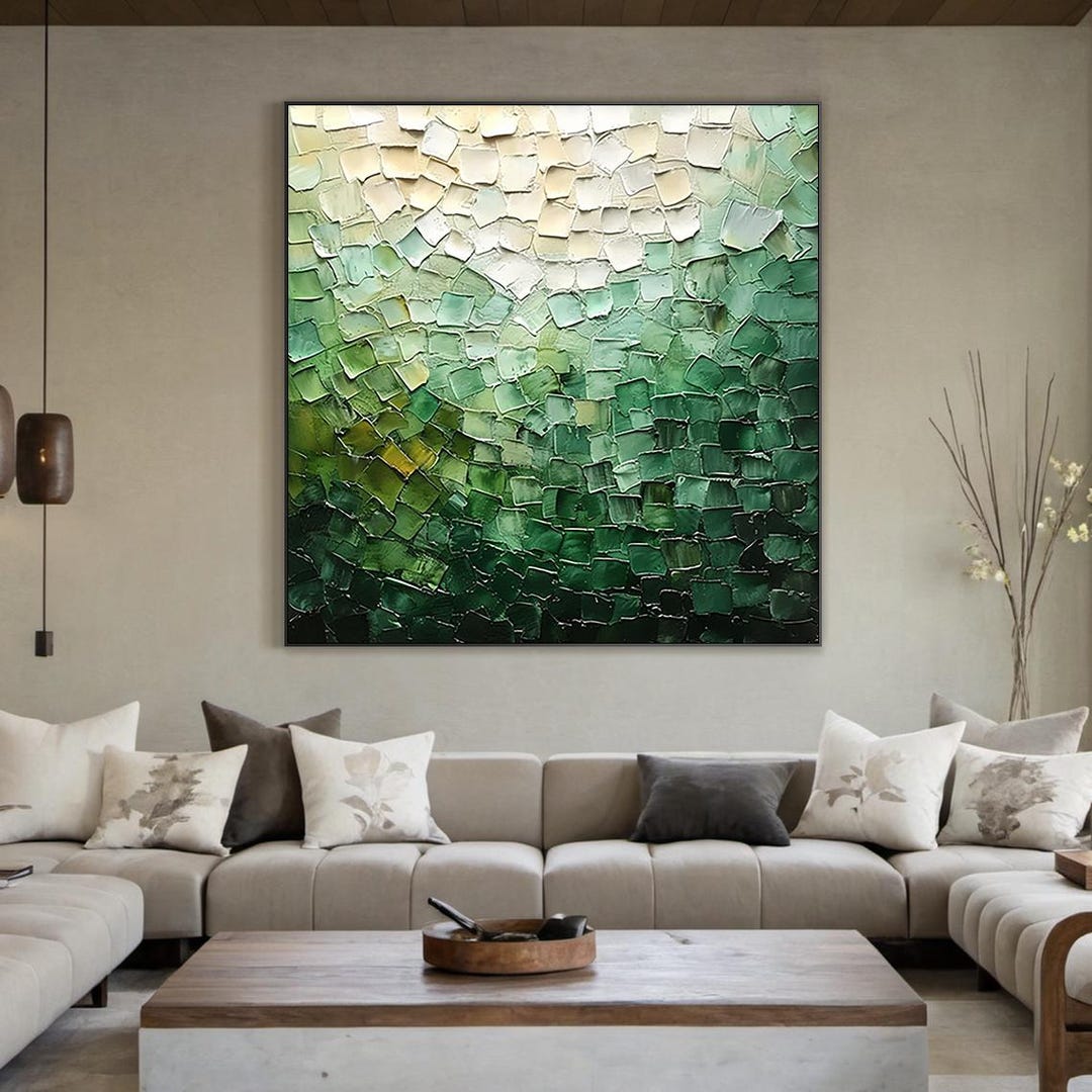 Abstract Green Oil Painting on Canvas, Large Textured Green Boho Wall ...