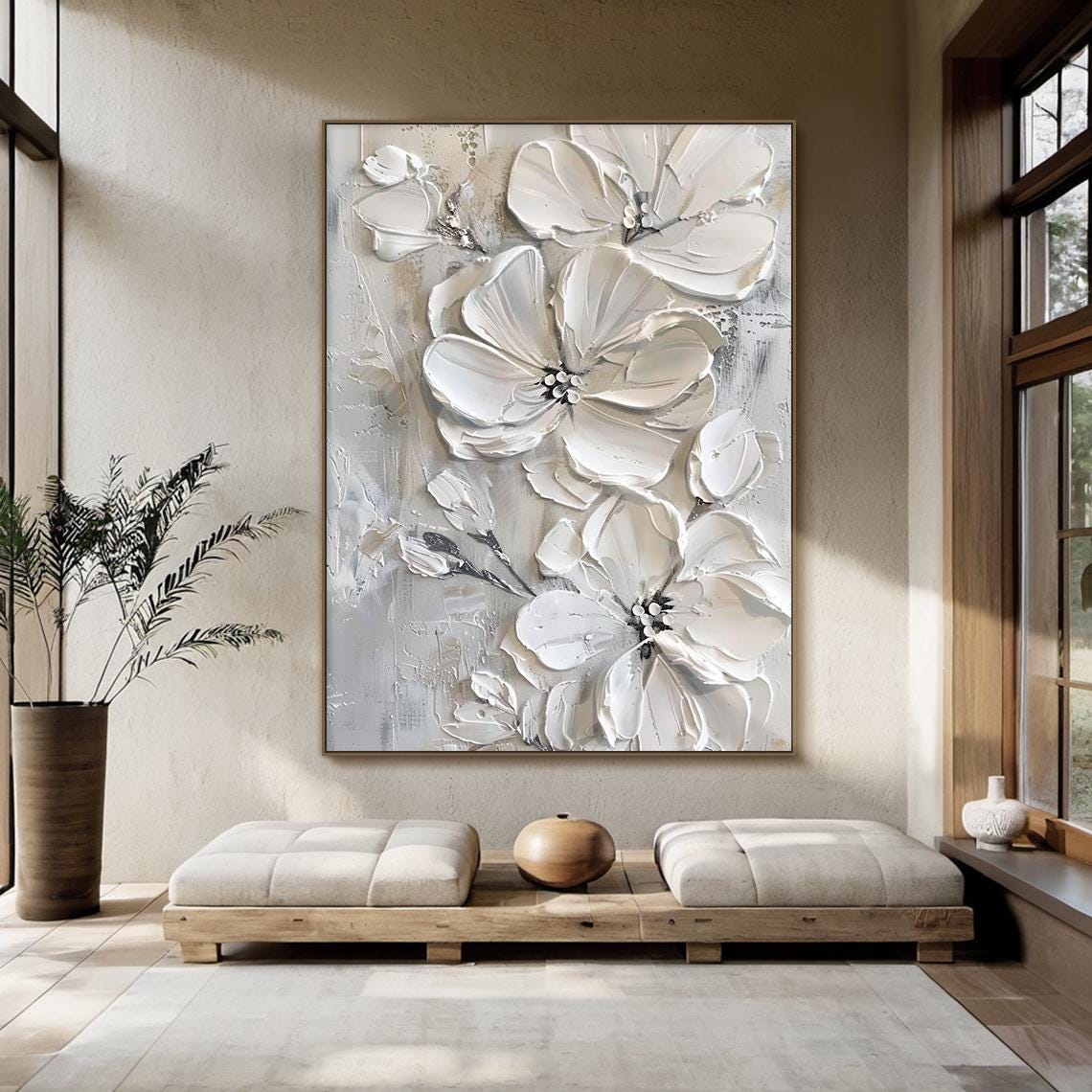 3D White Flower Textured Canvas Painting, Large Floral Wall Art in ...