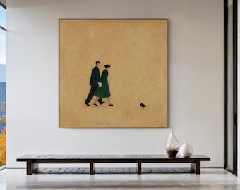 Original couple and bird oil painting brown wabi-sabi style wall art textured hand-painted canvas neutral simple modern living room wall art