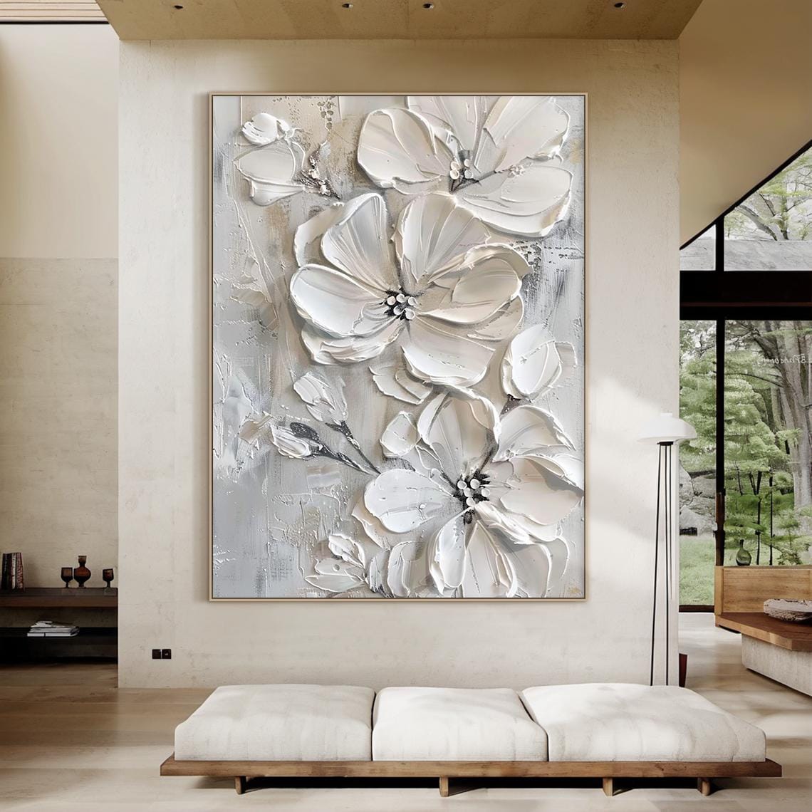 3D White Flower Textured Canvas Painting, Large Floral Wall Art in ...