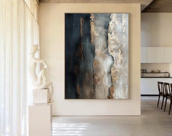 Abstract Textured Wall Art, Modern Gray and Gold Canvas Painting, Contemporary Metallic Accents Art