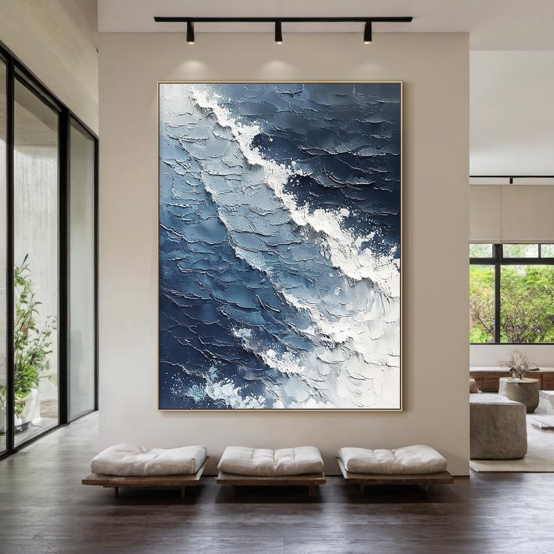 Blue and Black Abstract Ocean Painting, White Textured Ocean Waves Wall ...
