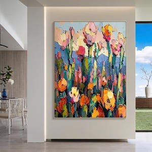 Abstract floral texture wall art. Blooming flowers painting on canvas. Gift for her. Living room wall art. Modern wall art
