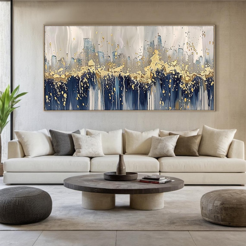 Modern Gold Blue Abstract Wall Art, Luxury Horizontal Canvas Painting ...