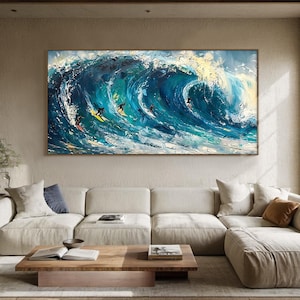 Original surf wall art blue ocean waves canvas painting personalised surfer gift modern natural living room decor