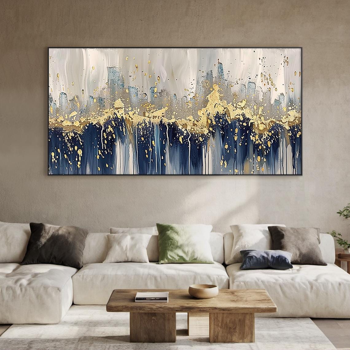 Modern Gold Blue Abstract Wall Art, Luxury Horizontal Canvas Painting ...