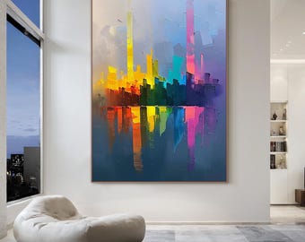 Arte urbano abstracto vibrante, pintura en lienzo con textura colorida, obra de arte con un horizonte urbano audaz, sala de estar, decoración de espacios creativos