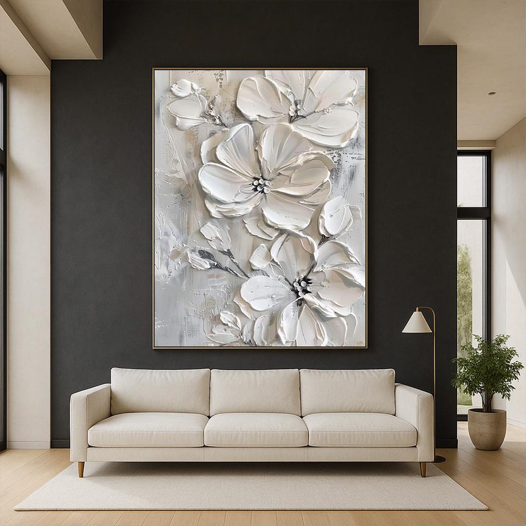 3D White Flower Textured Canvas Painting, Large Floral Wall Art in ...