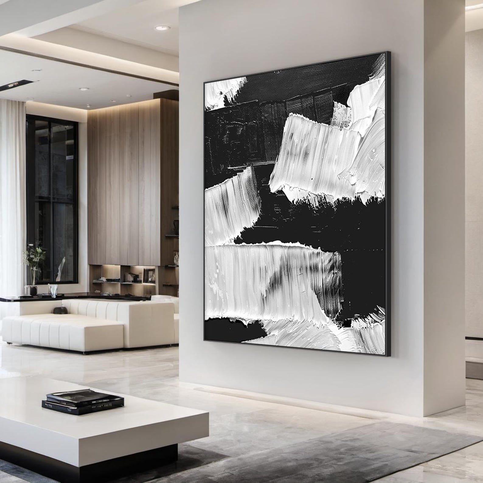 Large Black and White Abstract Oil Painting on Canvas Textured Impasto ...