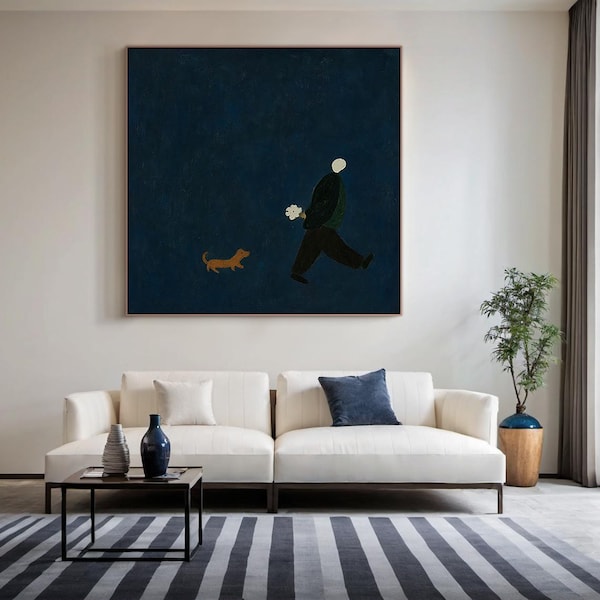 Gehender Hund Minimalistische Malerei, Moderne Blaue Abstrakte Figurenkunst auf Quadratischer Leinwand