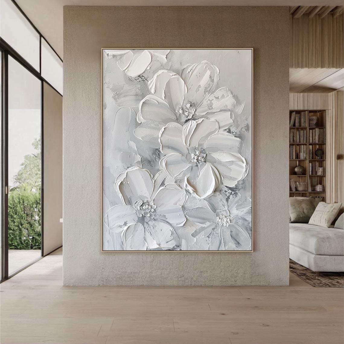 Large White Textured Floral Painting, Modern 3D Flower Canvas Art for Bedroom Living Room, Minimalist Neutral Wall Decor Artwork