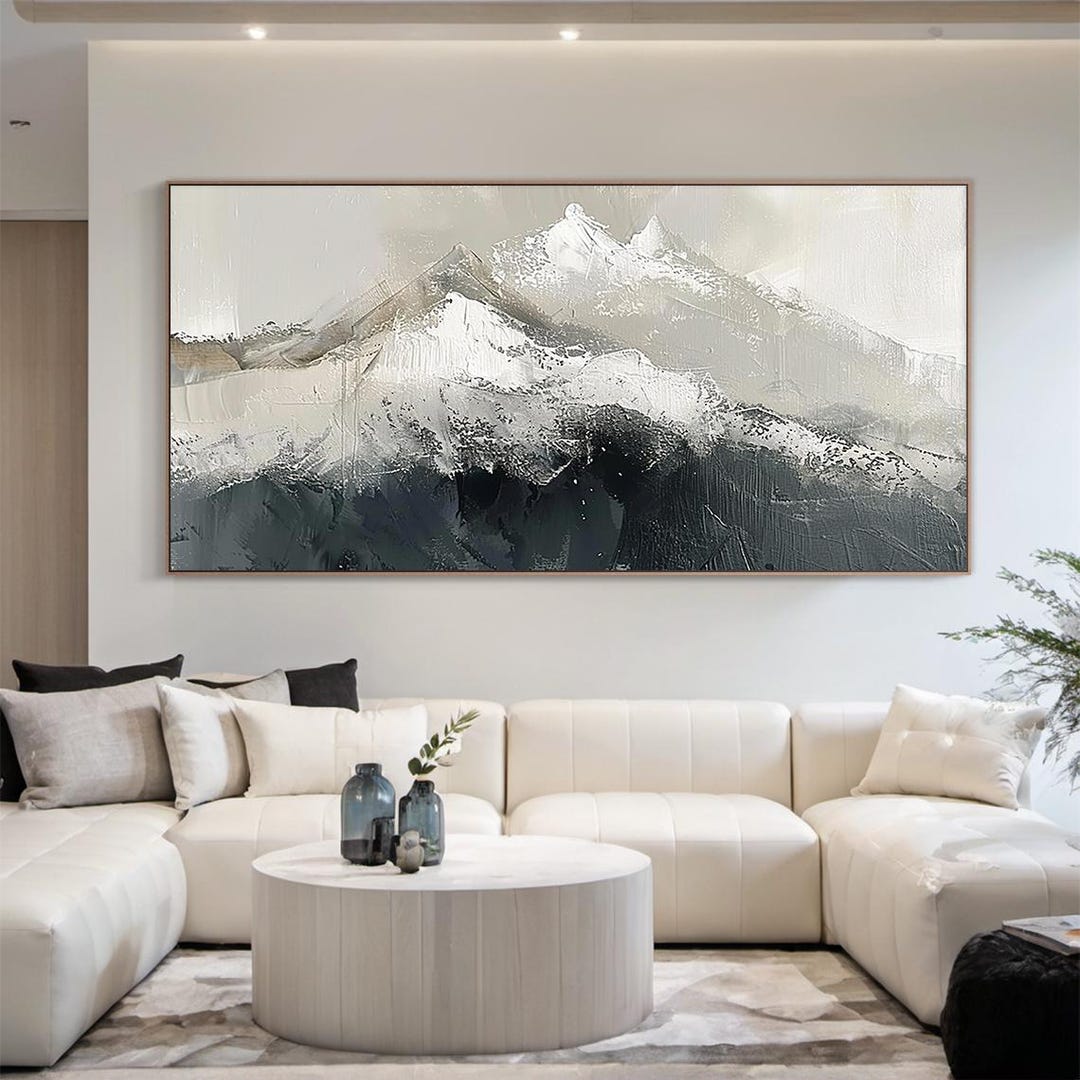 Large Neutral Mountain Abstract Textured Canvas, Gray White