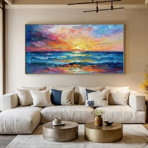 Original ocean sunset landscape oil painting, ocean wave abstract painting, colorful texture art, modern natural home decor