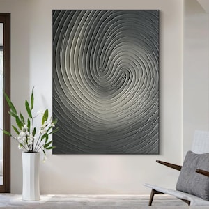 Monochrome Spiral Textured Painting, Modern Gray Minimalist Wall Art, Thick Impasto Canvas with Swirl Pattern, Neutral Abstract Decor