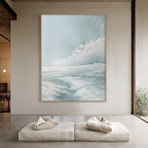 Large blue ocean wave abstract painting, white wave wall art, blue abstract art, modern natural living room decor
