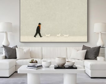 Minimalist Man Walking with Cats Oil Painting - Modern Figurative Canvas Art for Living Room, Neutral Scandinavian Home Decor