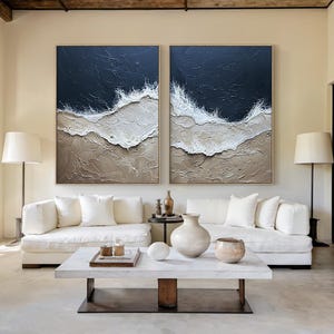 Abstract Wave Art, Modern Beach Scene Oil Painting, Ocean and Sand Texture Art, Coastal Home Decor, Large Canvas Wall Art for Living Room