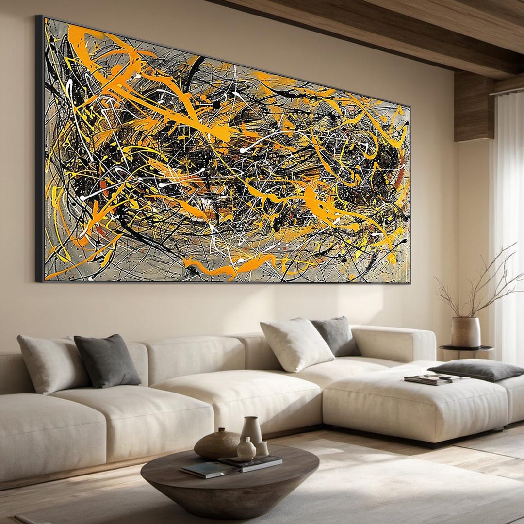 Large Modern Abstract Oil Painting on Canvas, Bold Yellow and Black ...