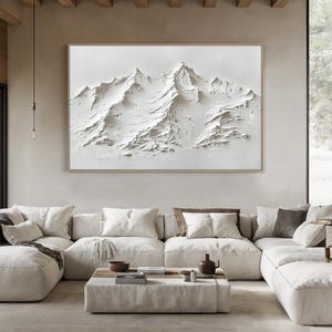 Grande peinture abstraite de montagne sur toile, art mural paysage naturel texturé, peinture à l'huile minimaliste de montagne blanche pour le salon