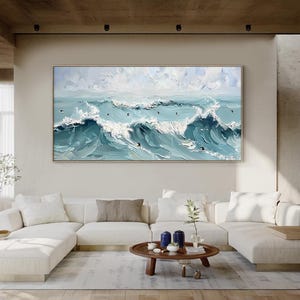 Blue ocean waves painting on canvas. 3D texture painting. Surfers gift, modern living room decor, contemporary art