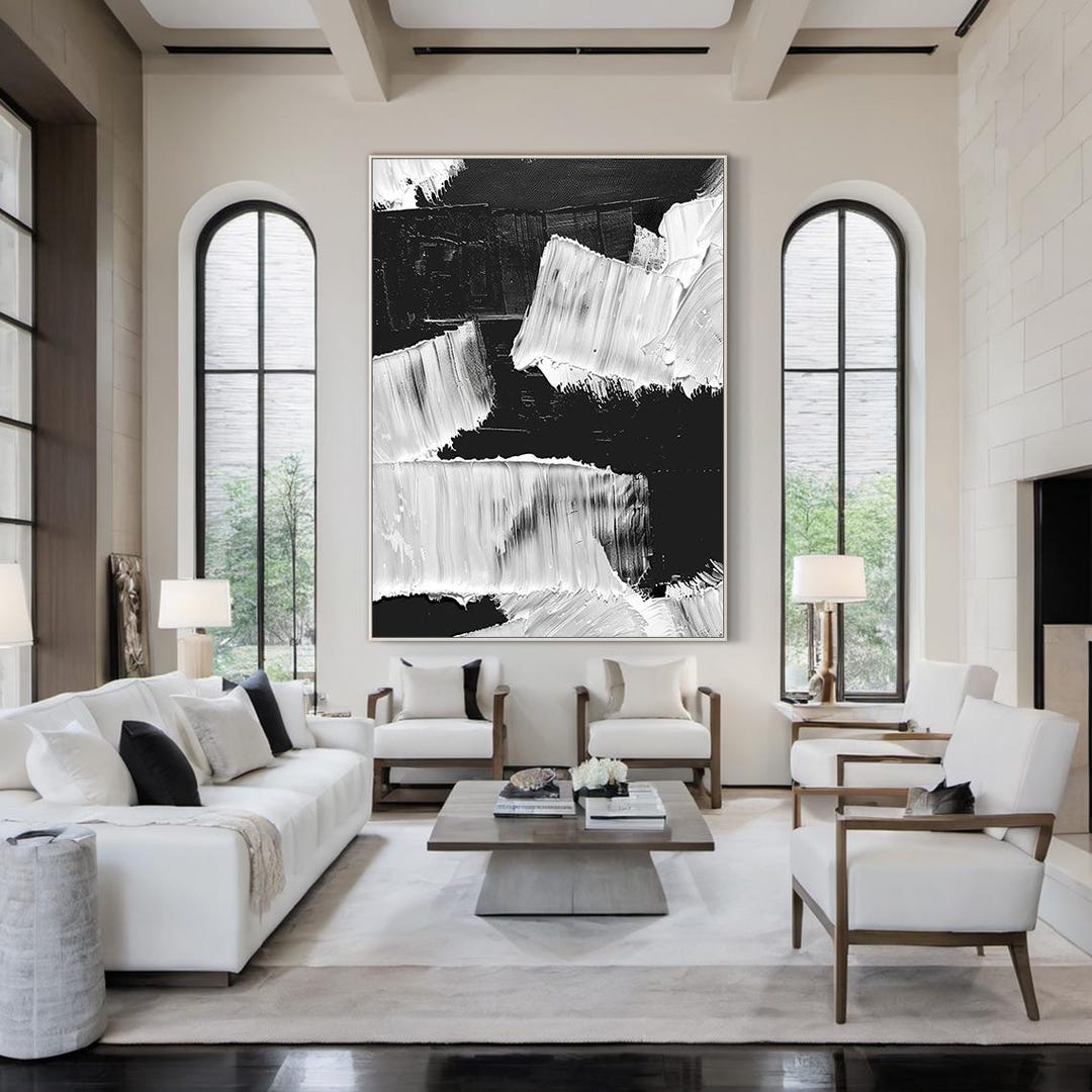 Large Black and White Abstract Oil Painting on Canvas Textured Impasto ...