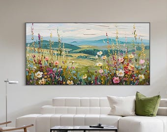 Large Landscape Floral Oil Painting on Canvas – Textured Wildflower Field Artwork, Modern Nature Wall Art for Living Room