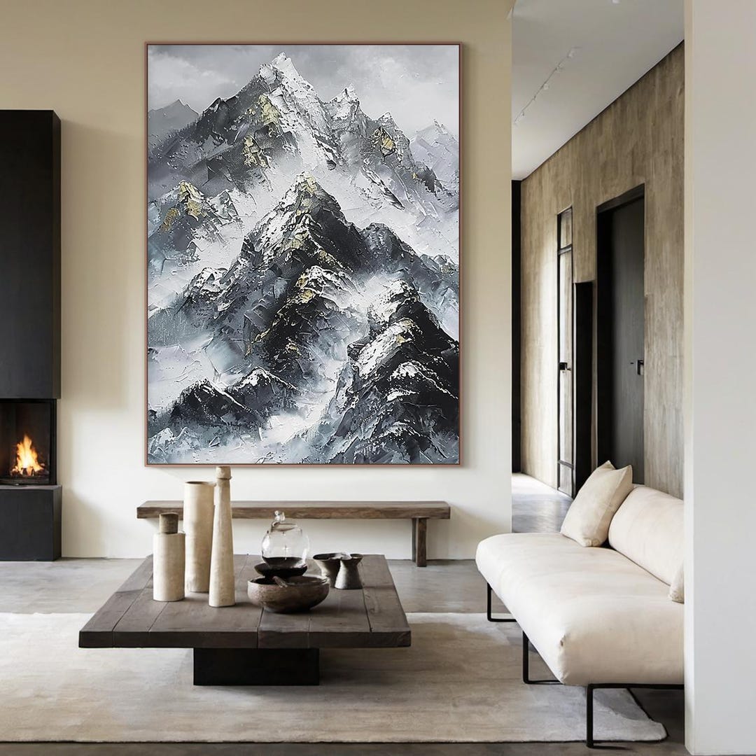 Large Abstract Mountain Oil Painting on Canvas, Original Snowy Mountain ...