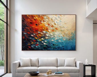 Pintura abstracta con espátula, lienzo texturizado con impasto, arte mural azul anaranjado