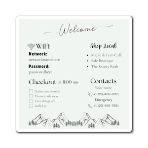 Kwadratowy magnes - magnes na dom na wynajem wakacyjny z konfigurowalnym Wi-Fi, informacjami lokalnymi, danymi kontaktowymi i instrukcjami dotyczącymi wymeldowania.