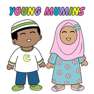 May include: Illustration of two children, a boy and a girl, wearing traditional Islamic clothing. The boy is wearing a white shirt with a crescent moon and star design, green pants, and a green and white cap. The girl is wearing a light blue dress with pink flowers, a pink headscarf, and a pink flower in her hair. The text "YOUNG MUMINS" is written in rainbow colors above the children.