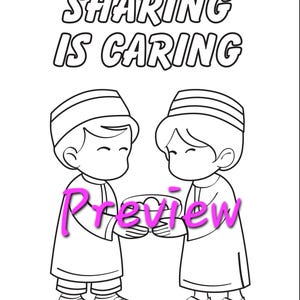 May include: Black and white line drawing of two children wearing traditional clothing, sharing a plate of food. The text "Sharing is Caring" is written above the children.