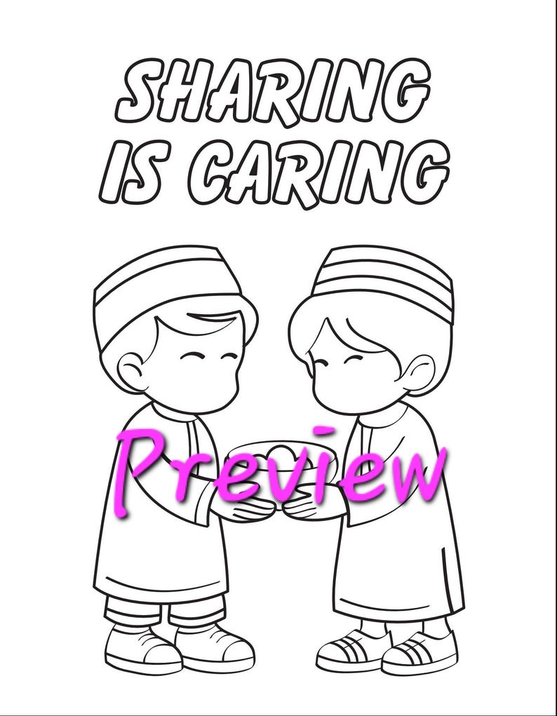 May include: Black and white line drawing of two children wearing traditional clothing, sharing a plate of food. The text "Sharing is Caring" is written above the children.