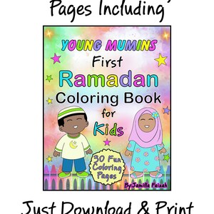May include: A colorful illustration of a coloring book cover featuring two children, a boy and a girl, wearing traditional Islamic clothing. The title of the book is "Young Mumins First Ramadan Coloring Book for Kids" with a star design and 30 fun coloring pages. The book is by Jamilla Faizah.