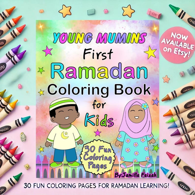 May include: A colorful book cover for a children's coloring book titled "Young Mumins First Ramadan Coloring Book for Kids". The cover features two children, a boy and a girl, wearing traditional Islamic clothing. The book includes 30 fun coloring pages and is available on Etsy.
