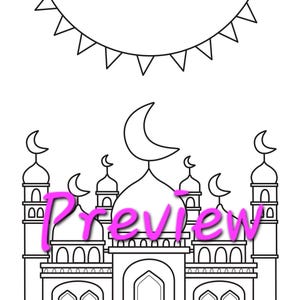 May include: A black and white line drawing of a mosque with a crescent moon on top. There are flags strung above the mosque.