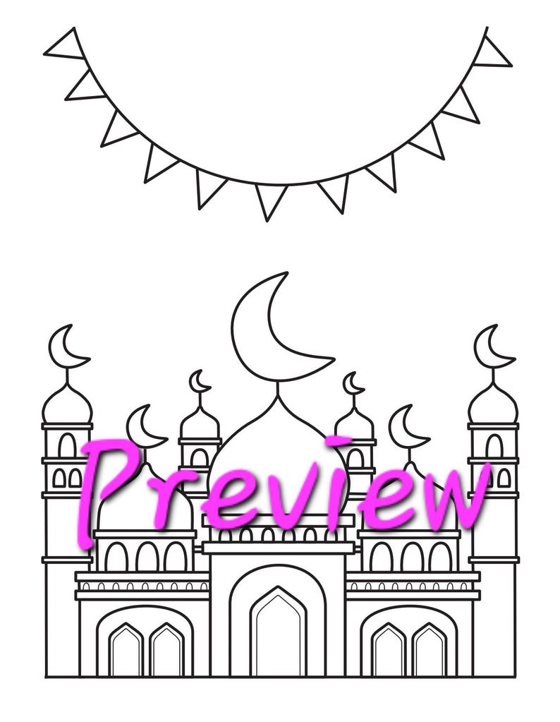 May include: A black and white line drawing of a mosque with a crescent moon on top. There are flags strung above the mosque.
