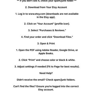 May include: Instructions on how to download a Ramadan coloring book PDF. The instructions include checking your email, downloading from your Etsy account, opening and printing the PDF, and troubleshooting tips.