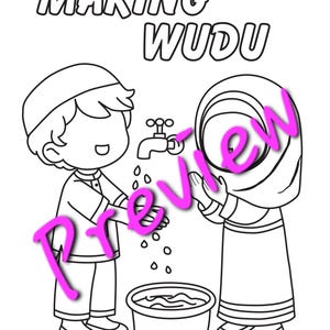 May include: A black and white line drawing of two people performing wudu, the Islamic ritual of purification before prayer. The text "MAKING WUDHU" is at the top of the image.