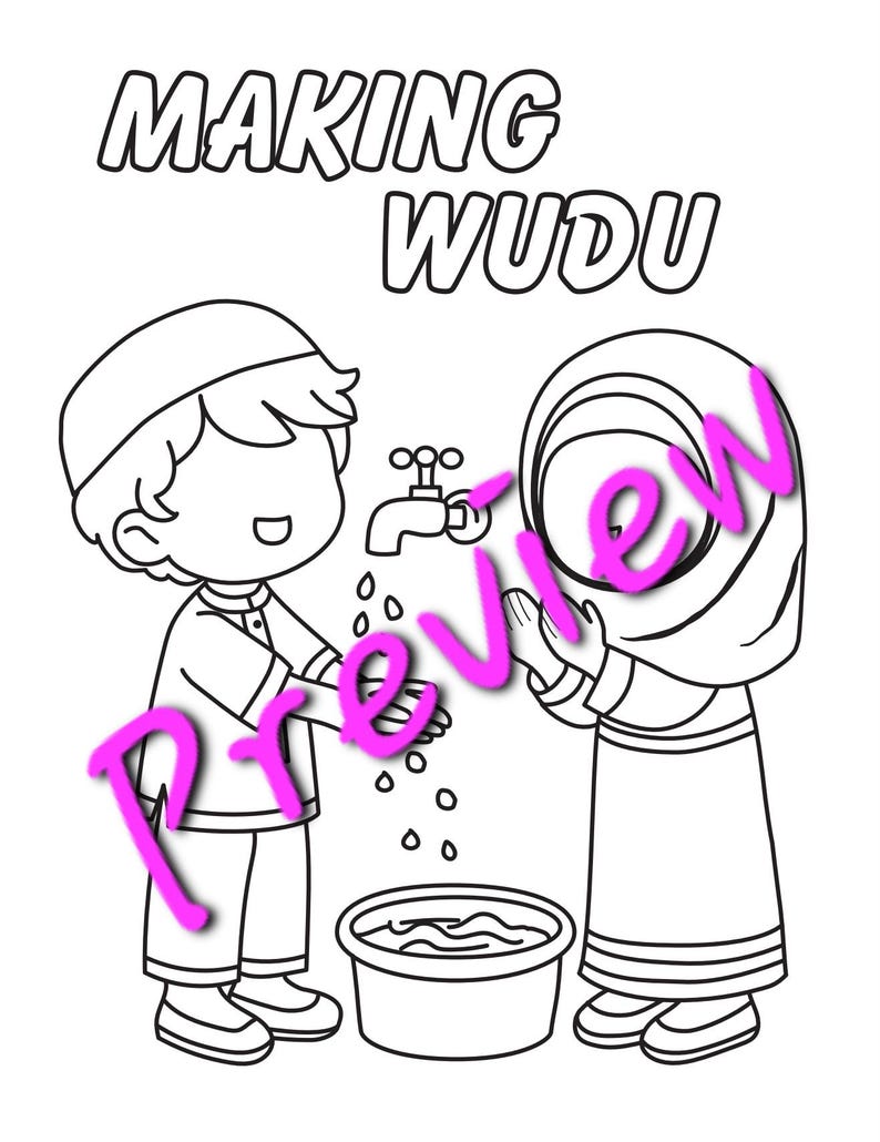 May include: A black and white line drawing of two people performing wudu, the Islamic ritual of purification before prayer. The text "MAKING WUDHU" is at the top of the image.