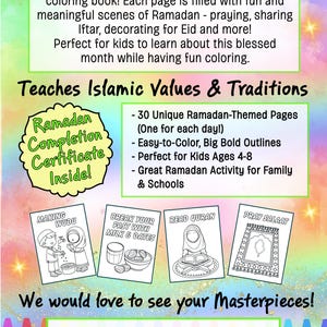 May include: A colorful printable coloring book for kids featuring scenes of Ramadan. The book includes 30 unique pages with easy-to-color outlines. The cover features the text "Ramadan Completion Certificate Inside!" and "Teaches Islamic Values & Traditions".