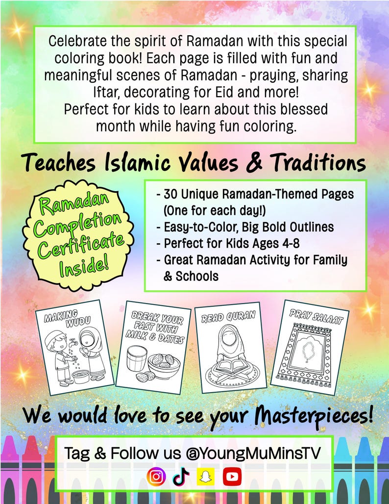 May include: A colorful printable coloring book for kids featuring scenes of Ramadan. The book includes 30 unique pages with easy-to-color outlines. The cover features the text "Ramadan Completion Certificate Inside!" and "Teaches Islamic Values & Traditions".