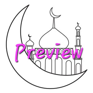 May include: A black and white line drawing of a mosque with a crescent moon. The mosque has a dome and a minaret. The crescent moon is behind the mosque.