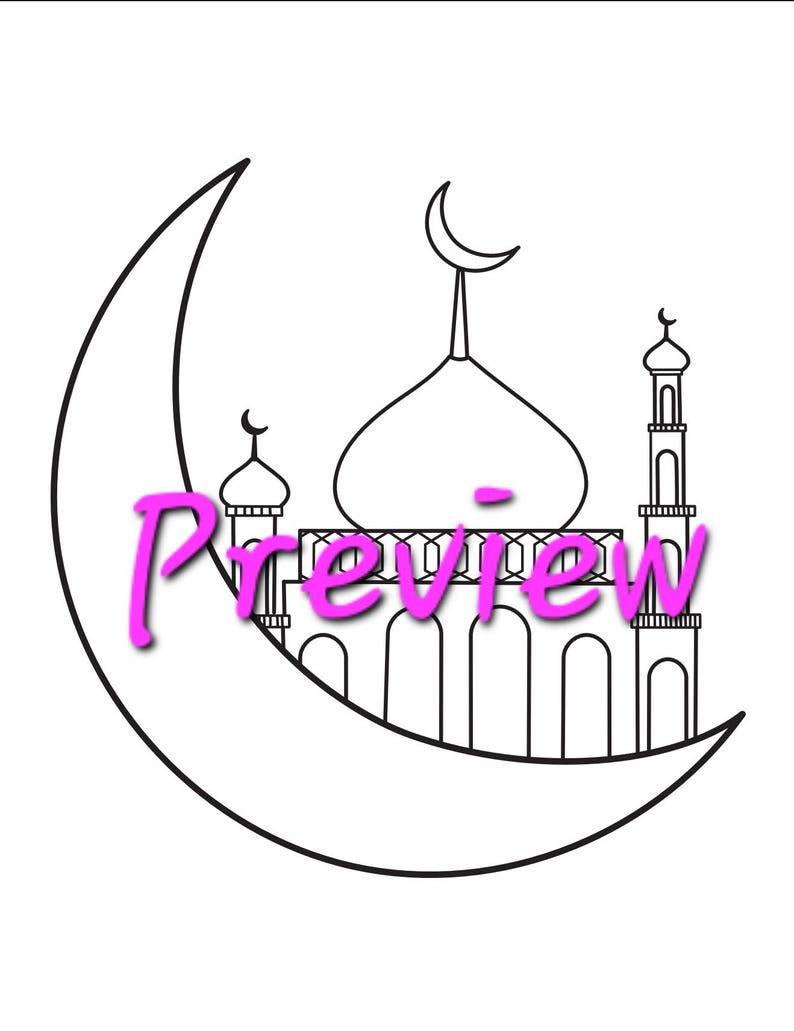 May include: A black and white line drawing of a mosque with a crescent moon. The mosque has a dome and a minaret. The crescent moon is behind the mosque.