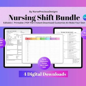 Nurse Shift Bundle Kit, Nurse Report Sheet, Nurse To-Do-List, Nurse Medication Tracker Log Sheet, Canva, Editable, Instant Download, PDF