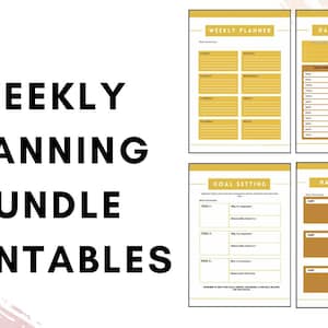 Op de afbeelding: Printbare wekelijkse plannerbundel met een geel en bruin kleurenschema. De bundel bevat een weekplanner, een dagplanner, een doelstellingsblad en een gewoontetracker.