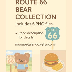 Imágenes descargables de viajes de osos kawaii de la Ruta 66 (conjunto de seis) / Conjunto de 6 / Lea la descripción
