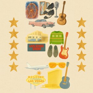 Rock'n'Roll-Legende im Wandel der Zeit - Druckbare Retro PNGs, 50er-70er Jahre Musik Icon Clipart, Vintage Gitarre, Bühne, Vegas - Lesen Sie die Beschreibung